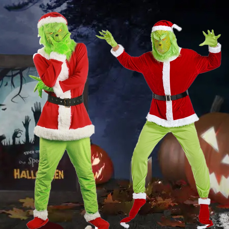 Grinch คริสต์มาสฮาโลวีน COSTUME ชุดคริสต์มาสผมสีเขียวมอนสเตอร์ Grinch เครื่องแต่งกายปาร์ตี้ผู้ใหญ่ชา
