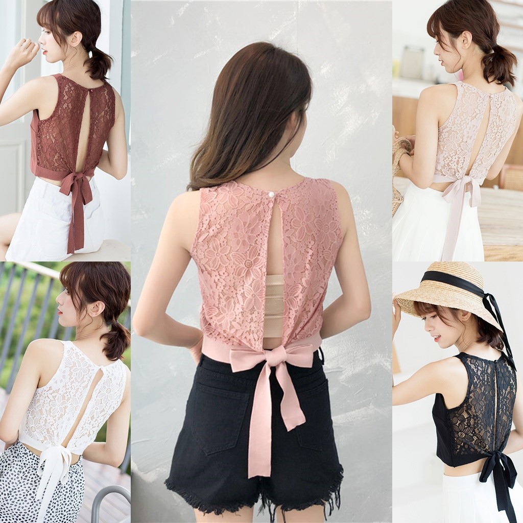 Korean  เสื้อครอป แฟชั่น คอกลมแขนกุด แต่งลูกไม้ ซีทรูผ่าหลัง มีเชือกผูกโบ – โปรปัง
