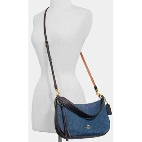 🌺งาน Shop Coach 67359 Sutton Denim Leather Blue Small Hobo Crossbody Bag