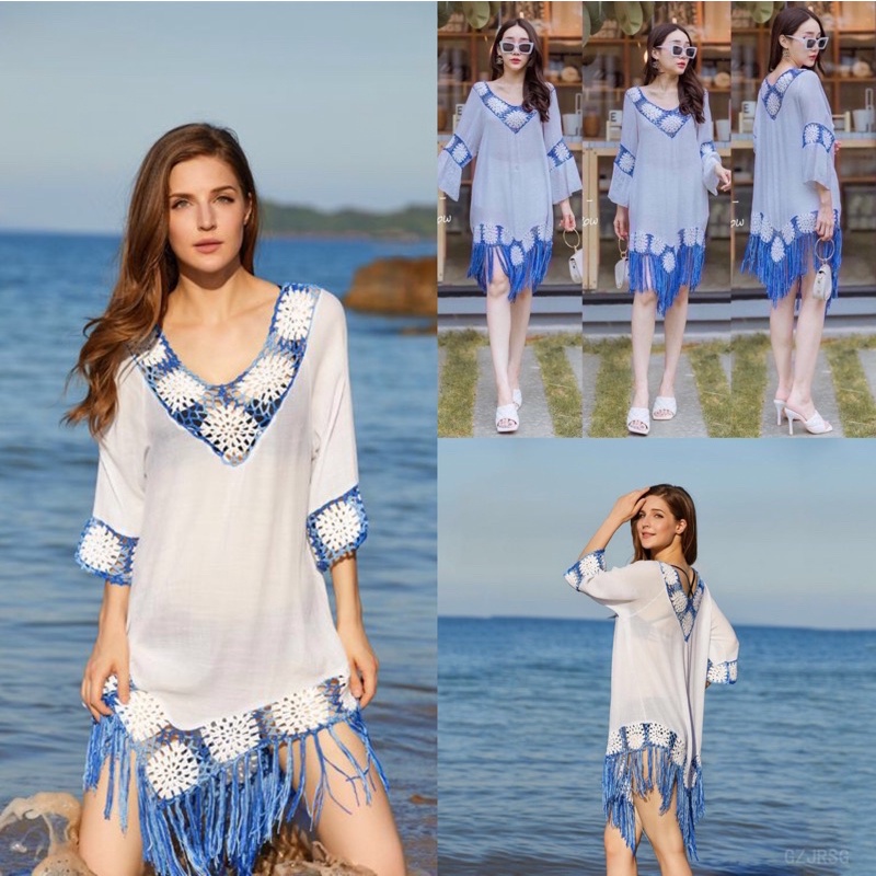 ใหม่ค่ะ เสื้อคลุม/มินิเดรสผ้าสาลูงานถักชายซุย เสื้อคลุมชุดว่ายน้ำ เสื้อคลุมสีขาว มีแขน 2 แบบนะคะ