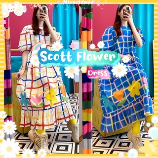 💗 Scott Flower Dress  💗 เดรสลายดอกไม้ สก็อต คอกลม แขนตุ๊กตาพอง เดรสกระโปรง เดรสตาราง เดรสลายดอกไม้ เดรสคอกลม งานป้าย