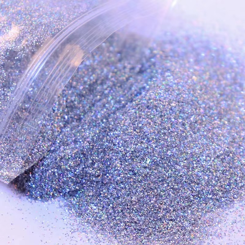 50g/10g 0.2 มม.(1/128 ")008 นิ้ว Fine Holographic สีสันเงินเล็บ Glitter ฝุ่นผงรูปร่างหกเหลี่ยมสําหรับตกแต่งเล็บ