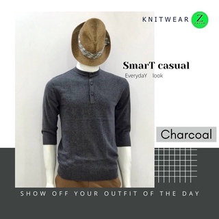 Knitwear Zasum เสื้อแขนสามส่วนคอกระดุม สีพื้นเทาดำ(Charcoal) เสื้อถักทอเนื้อ Cotton100% ผ้านุ่มใส่สบาย