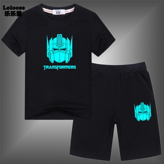 เด็กชาย Cartoon Transformers ชุดเด็ก Optimus Prime เสื้อยืดแขนสั้น 2 ชิ้นชุด 2023 ฤดูร้อนเด็ก Luminous ชุดกีฬา