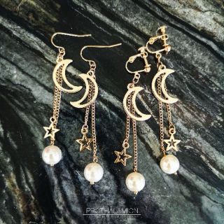 Korea Cute Crescent Moon Star Pearl Clip Earring ต่างหู ตุ้มหู ต่างหูหนีบ รูป พระจันทร์ เสี้ยว ดาว ประดับ มุก น่ารัก