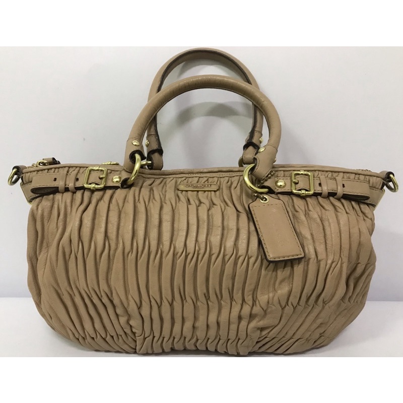 กระเป๋ามือสอง ของแท้ Coach 2 way Madison Gather F28541 Shoulder Bag หนังแท้ สีน้ำตาลอ่อน ขนาด 10 นิ้