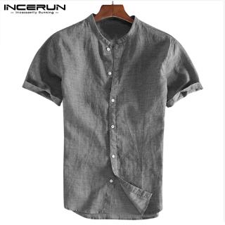 Incerun เสื้อเชิ้ตลําลอง แขนสั้น คอวี ผ้าลินิน ระบายอากาศ สําหรับผู้ชาย