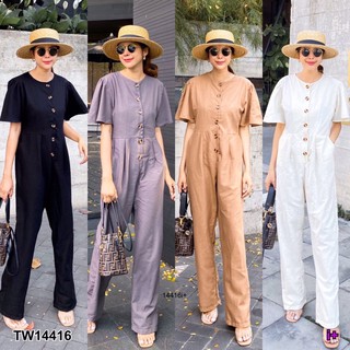 🥰👒ชุดเที่ยว Jumpsuit จั๊มสูทยาว คอกลม แขนระบาย เย็บแต่งกระดุมหน้า มีกระเป๋าสองข้าง ผ้าลินินเนื้อดีนิ่มใส่สบาย