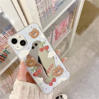 เคสป้องกันโทรศัพท์มือถือกระจก ลายหมีเชอร์รี่ สําหรับ Apple Iphone 14promax 13mini 11 12pro 678plus xsmax xr