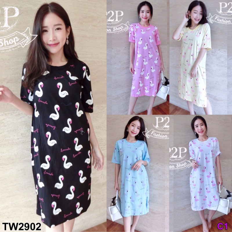J2902 Dress เดรส สกรีนลายนก Famingo