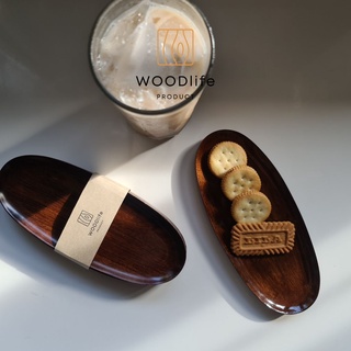 WOODlife จานใส่ขนม 3 ชิ้น จานขนมคุกกี้ จานไม้เล็ก ร้านกาแฟ คาเฟ่ วงรีแบนสีน้ำตาลเข้มลายไม้ธรรมชาติ100%