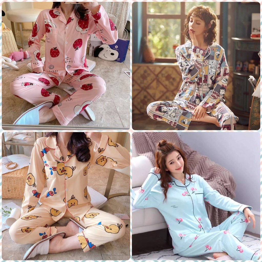 YUI (8)พร้อมส่ง ชุดนอนผ้าคอตตอน แขนขายาว คอปก กระดุมหน้า#3