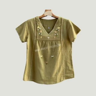 เสื้อผู้หญิงคอวีถักคู่ งานปักดอกมะลิ สีสันใสสวยงามหน้าสวมใส่ ใสสบายไม่ร้อน แห้งง่าย เย็นสบาย สีไม่ตกไม่หด ใส่อยู่บ้าน