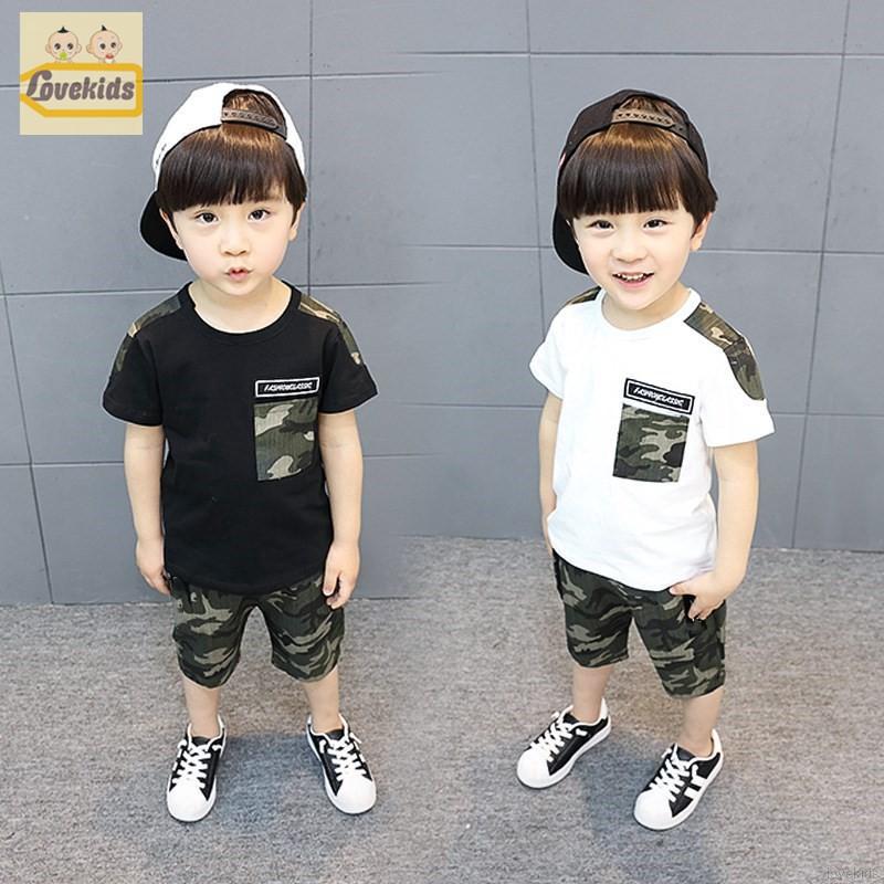 [ LK ] เสื้อยืดแขนสั้น พร้อมกางเกง ลายพราง สำหรับเด็ก