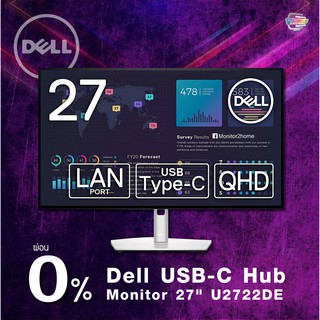 [ผ่อน0%] Dell USB-C Hub Monitor 27" U2722DE 100%sRGB, USB-C/LAN Port (RJ45)/Frameless/QHD/IPS Matte DP,HDMI