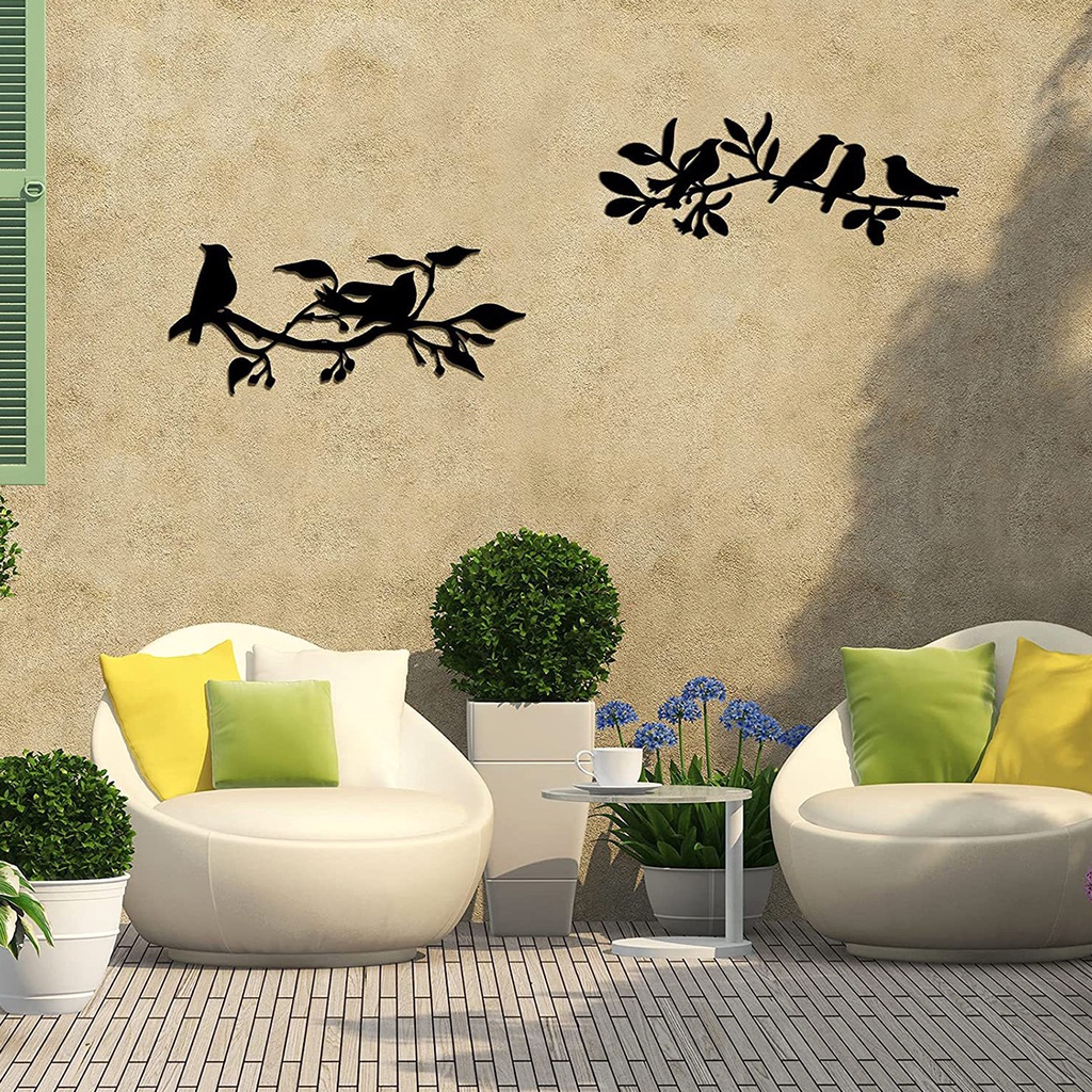2Pcs Metal Black Birds On Tree Branch Wall Sculpture Hanging Sign Wall ...