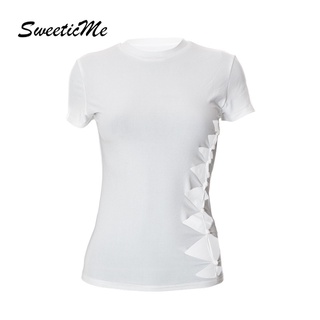 Sweeticme ใหม่ เสื้อยืดลําลอง คอกลม แขนสั้น สีพื้น สําหรับสตรี 2022