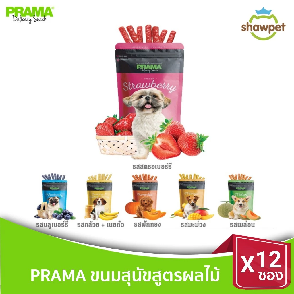 [12 ซอง] PRAMA Delicacy Snack พราม่า เดลิคาซี่ สแน็ค รสผลไม้ ขนมสำหรับสุนัข ขนาด 60 กรัม
