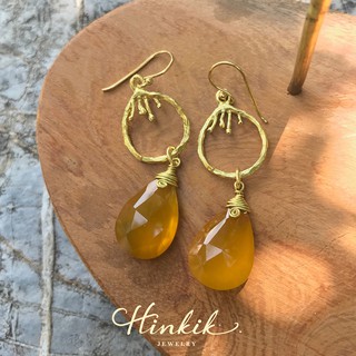 ต่างหูห้อย หินแท้ หินมงคล สีเหลือง ทอง คาลซิโดนี Dangle earrings with Golden yellow Chalcedony