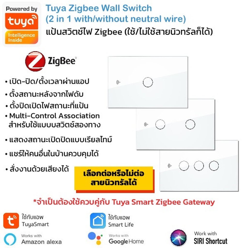 Tuya แป้นสวิตช์ Zigbee เปิดปิด ตั้งเวลาผ่านแอป ไม่ต่อ N และ C (ZTS) สั่งด้วยเสียง Google Home/Alexa