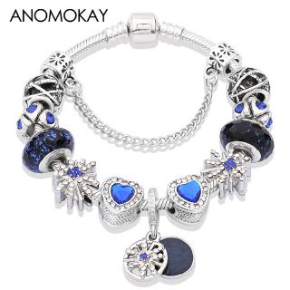 Royal Blue Crystal Charm สร้อยข้อมือ Star Moon Pan สร้อยข้อมือเงิน Sky Ball หัวใจลูกปัดกําไลข้อมือ Diy เครื่องประดับของขวัญ