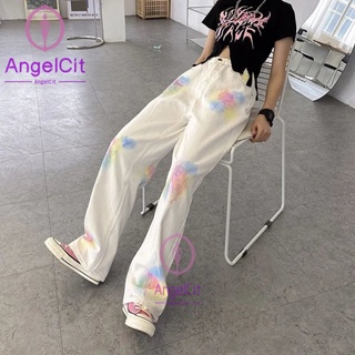 Angelcity※ กางเกงยีนขายาว เอวสูง ทรงตรง สีมัดย้อม สีขาว สําหรับสตรี