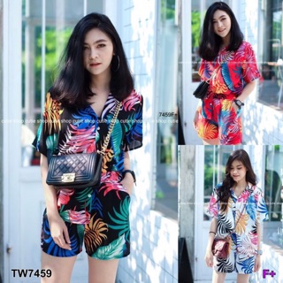 Set 2 ชิ้น ลายดอก เสื้อเชิ้ต +กางเกงขาสั้น งานสวยน่ารักมากผ้าสปัน