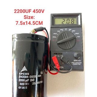 CAPACITOR 2200UF 450V คาปาซิเตอร์2200UF500V Size:7.5x14.5CM บวก-ลบ 20% วัดค่าความจุได้ตามเกณท์ทุกตัวสินค้าใหม่พร้อมจัด