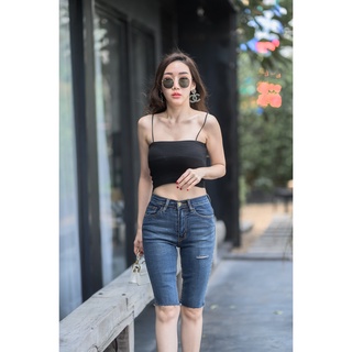 กางเกงยีนส์ขา3ส่วนเอวสูงผ้ายืดฟอกฟ้าขัดด่างหน้าขา ทรงสวยใส่สบายมากนางแบบใส่งานจริง,,#9227