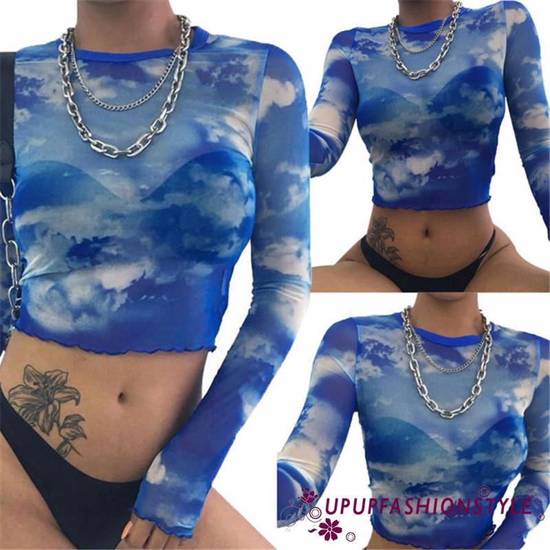 Women’s Casual Long-sleeved T-shirt Fashion Clouds Print Mesh Yarn Slim Fit Pullover Top – – >>> 🇹🇭 Top1Thailand 🛒 >>> shopee.co.th 🇹🇭 🇹🇭 🇹🇭🛒🛍🛒