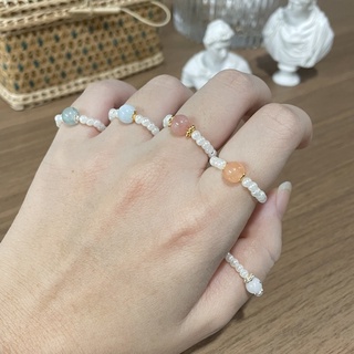 แหวนหินแท้ ลูกปัดมุก ชมพู ฟ้า ส้ม เขียว ขาว ม่วง เหลือง เอ็นยืด Natural Stone Pearl Bead Elastic Ring Pink Green White