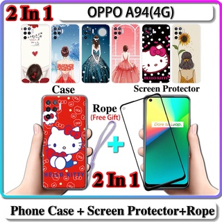 2 IN 1 เคส OPPO A94(4G) เคส พร้อมกระจกนิรภัยโค้ง ป้องกันหน้าจอ เซรามิก สําหรับเด็กผู้หญิง และคิตตี้