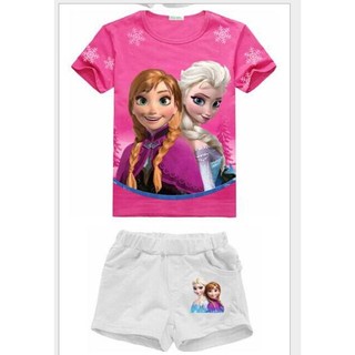 พร้อมส่ง ชุดเด็กสาวน้อย ลาย FROZEN เสื้อยืดคอกลมแขนสั้น ด้านหน้าสกรีนลาย FROZEN กางเกงเอวยืดสีขาว ขาสั้น