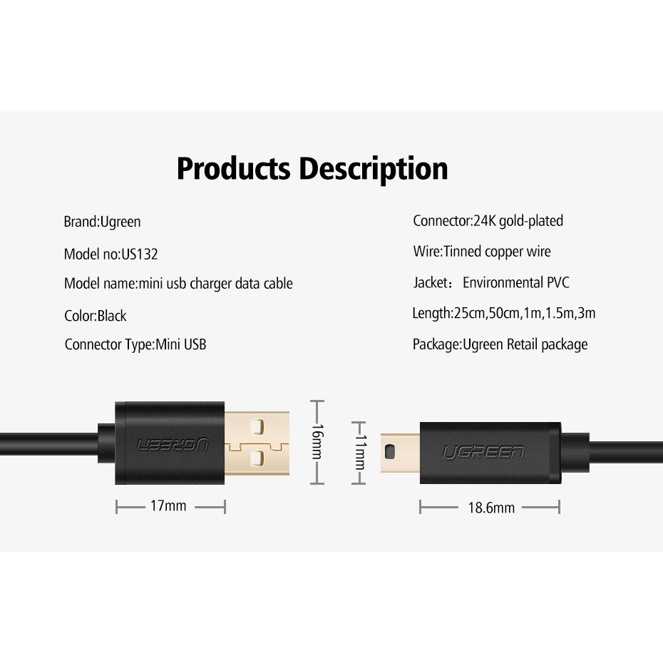 UGREEN (US132/US375) USB 2.0 A Male to Mini 5 Pin B Data รูปที่ 5
