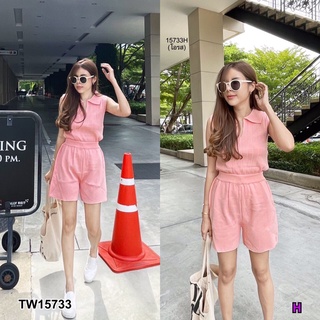 TW15733 Set 2 ชิ้น Set Stly Korea Setไหมพรมแขนกุดแต่งปก พร้อมกับกางเกงขาสั้นเข้าชุด เนื้อผ้าไหมพรมเนื้อดี