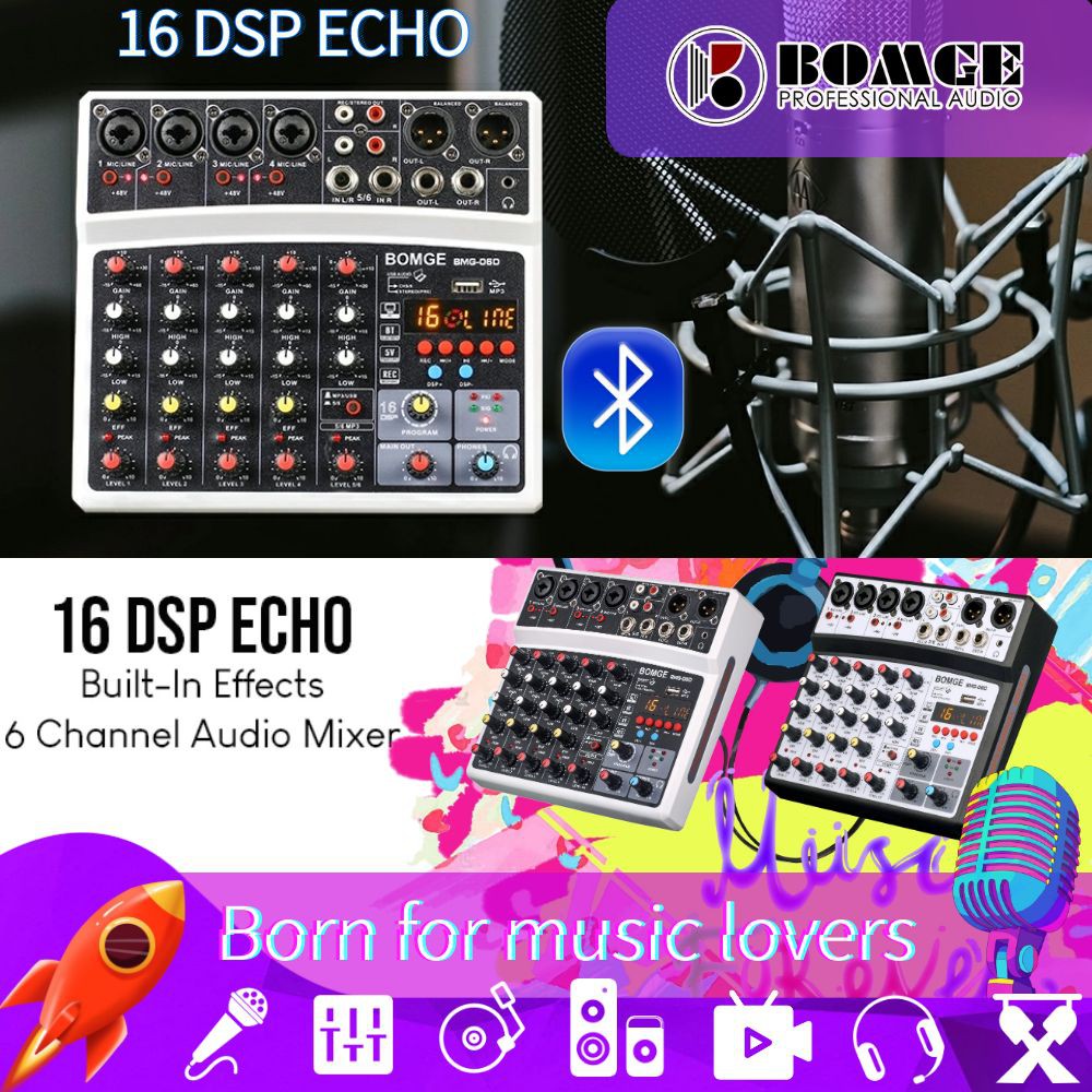 BOMGE 6 channel dj audio mixer with MP3 USB Bluetooth,48V phantom power