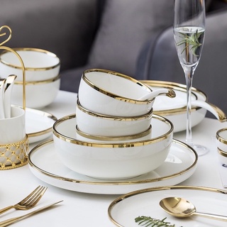  Tableware ชุดจานชามเซรามิค ชุดจานชาม จาน ชาม ถ้วย ช้อน สไตล์ยุโรป   หรูหราเซรามิคสีขาวขอบทอง 9ชิ้น/ชุด