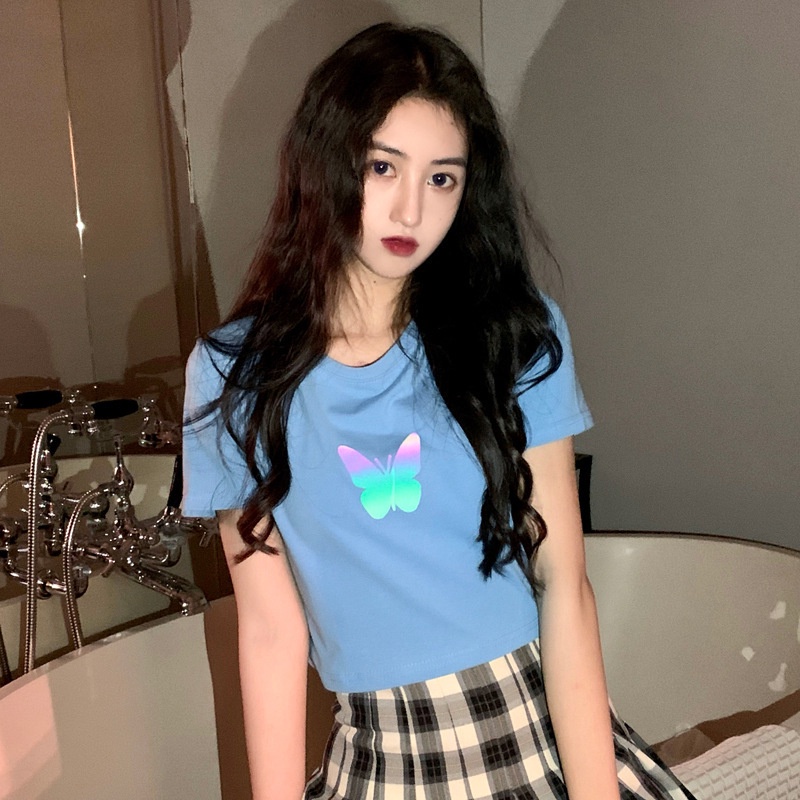 เสื้อครอปท็อป แขนสั้น พิมพ์ลายผีเสื้อ สะท้อนแสง สําหรับผู้หญิง，เนื้อผ้านุ่มสบาย【6611】