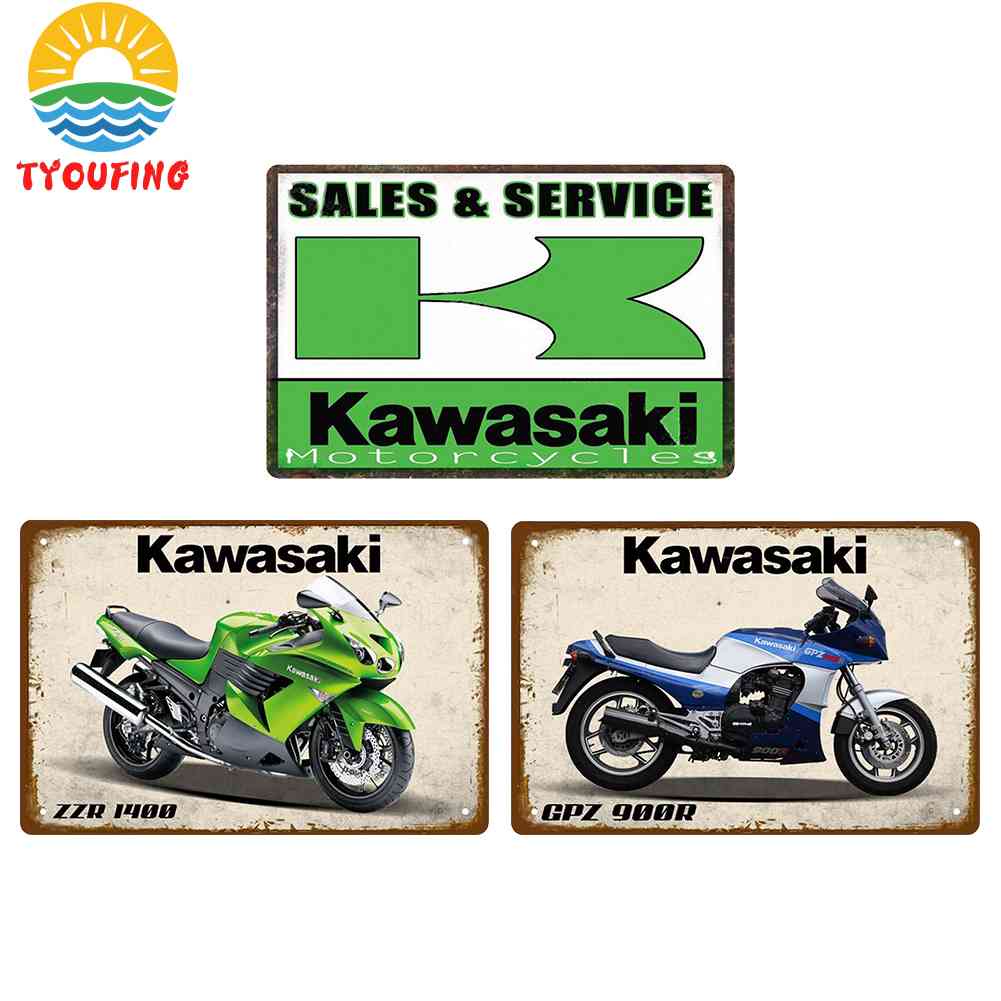 30 * 20 ซม โปสเตอร์ภาพวาด ป้ายเหล็กดีบุก ลาย Kawasaki สไตล์วินเทจย้อนยุค