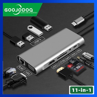 Goojodoq อะแดปเตอร์ฮับ USB C Type C 11 In 1 RJ 45 เชื่อมต่อสายเคเบิล VGA เป็น HDMI 4K Lan Ethernet HDTV PD การ์ด TF การ์ด SD AUX 3.5 มม.