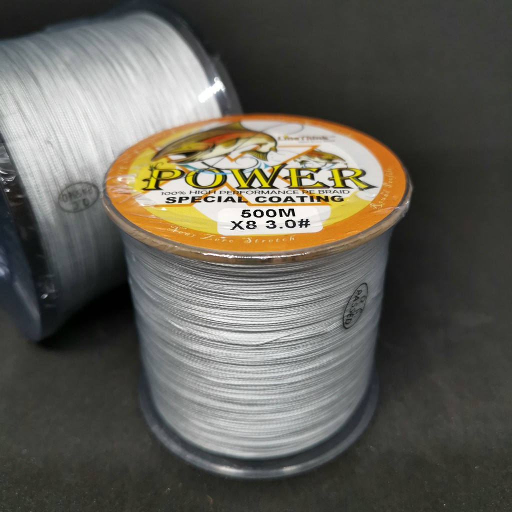 POWER 500เมตร สายตกปลา 100% PE ถัก8เส้น ( X8) เบอร์  3.0 4.0 5.0 6.0 8.0สีเทา เหนียวๆ