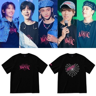 👕✨KPOP Stray Kids MANIAC โซล UNVEIL คอนเสิร์ตเดียวกันผ้าฝ้ายเสื้อยืดผู้ชายผู้หญิง Plus ขนาดหลวมแขนสั้น TOP Harajuku 202