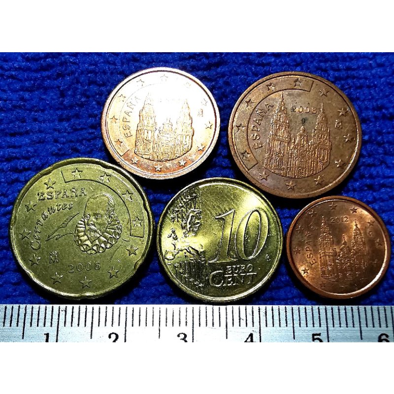 เหรียญ​ต่างประเทศ​ สเปน​ Spain, ยูโร​ Euro, ชุด​ 1,2,5,10,20​ Euro​ Cent, ใช้แล้ว, #​408