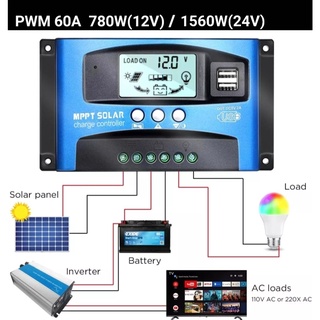 โซลาร์ชาร์จคอนโทรลเลอร์ 60A PWM จอแสดงผลLCD ส่งจากไทย