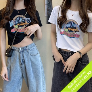 🌟พร้อมส่ง🌟เสื้อครอปคอกลมแขนสั้น ท็อป t shirt เสื้อแฟชั่นผู้หญิงน่ารักเกาหลี  เอวลอย เสื้อยืดรัดรูปผู้หญิง พิมพ์ลาย