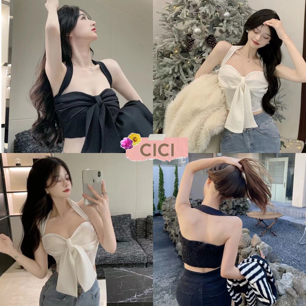 Cici(NO.550/017-1)เกาะอกสายคล้องคอ ถอดใส่ได้ ดีเดลโบว์ถอดได้ใส่ได้ สม็อคหลังsexryนิดๆสไตล์โคเรีย