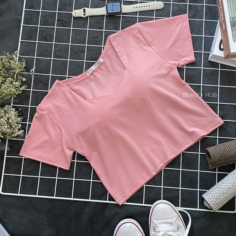 [#006] เสื้อครอปคอห้าเหลี่ยม แขนสั้น ผ้ายืดเรย่อน ใส่สบาย ทรงสวย ฮิตสุดๆ[#006] - รูปที่ 4