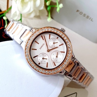 (ผ่อน0%) นาฬิกา Fossil BQ3704 Weslee Multifunction Two-Tone Stainless Steel Watch หน้าปัดล้อมคริสตัล 35มม สีเงินโรสโกลด์