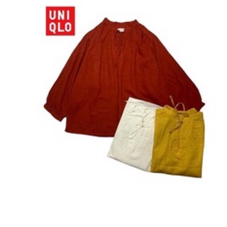 Uniqlo lenin shirt size s เสื้อเชิ้ต ผู้เชือกด้านหน้า ไซส์ S สีเหลืองมัสตาร์ด