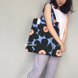 marimekko tote bag ดอกสีเขียวฟ้า ของแท้ 100%